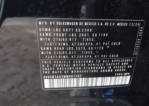 2021 Volkswagen Tiguan 2.0T Se/2.0T Se R-Line Black/2.0T Sel из США, поврежденный, VIN 3VV2B7AX3MM057787